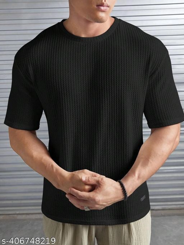 Round Neck Solid T-Shirt for Men (Black, S)