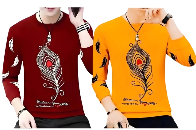 Round Neck Printed T-Shirts for Men (Maroon & Mustard, S) (Pack of 2)