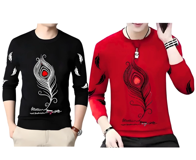 Round Neck Printed T-Shirts for Men (Black & Red, S) (Pack of 2)