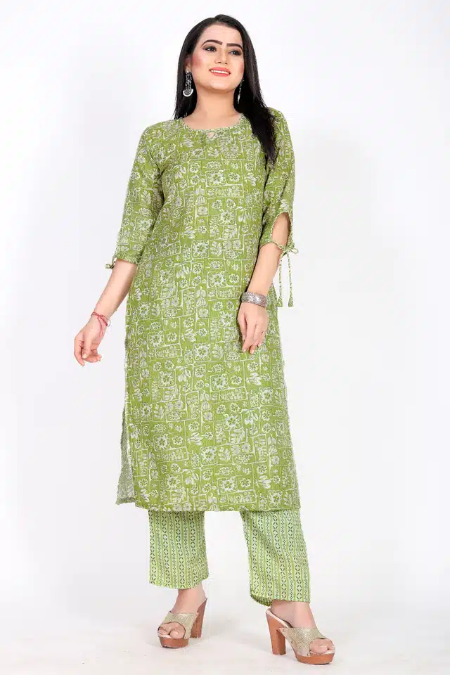 Cotton A-Line Kurti with Pant (Green, M)