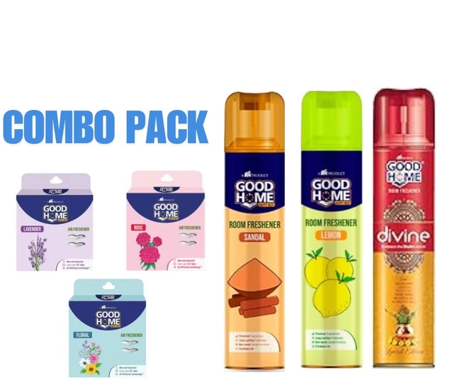 Combo of Goodhome Sandal, Lemon & Divine Room Freshener (130 g, Pack of 3) with 3 Pcs Free Hanging Sachet (Set of 6)