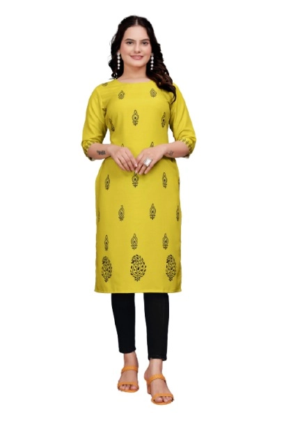 Rayon Cotton Printed Kurti for Women (Yellow, S)