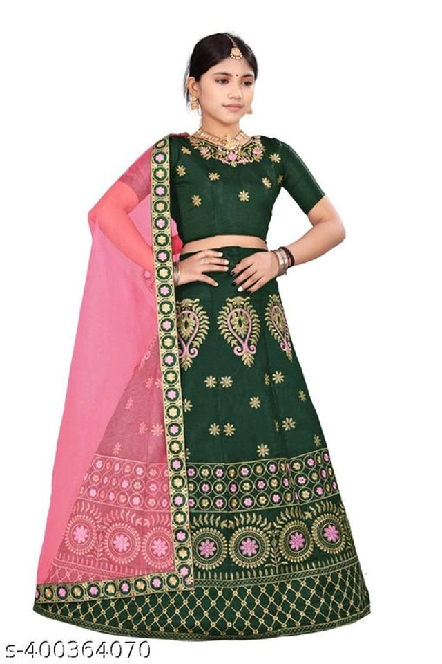 Satin Embroidered Lehenga with Choli & Dupatta for Girls (Green & Pink, 2-3 Years)