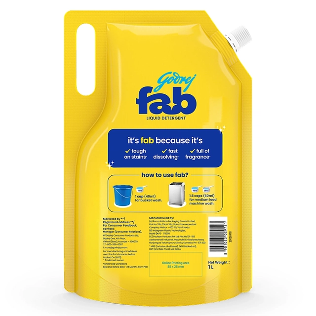 Godrej Fab Detergent Liquid 1 L (Pouch)