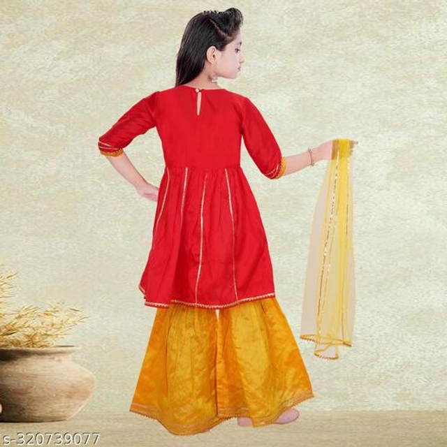 Dupion Silk Kurta Sets for Girls (Red & Yellow, 2-3 Years)