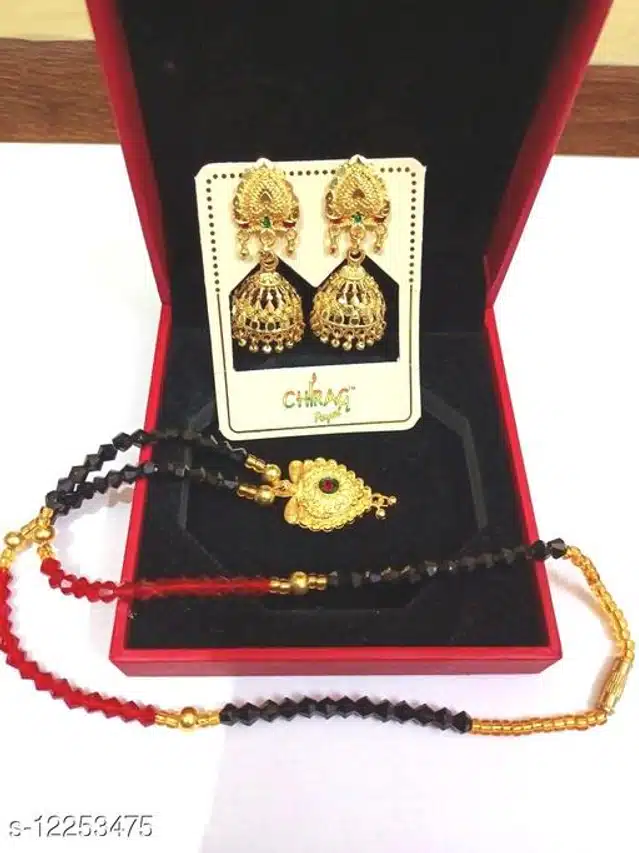 Metal Mangalsutra with Earrings for Women (Gold & Black, Set of 1)