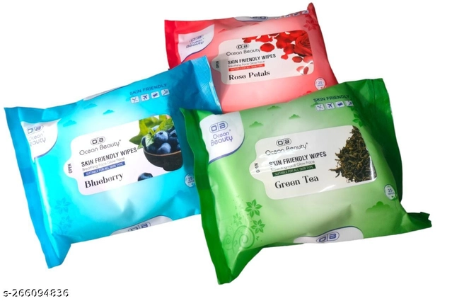 Combo of Ocean Beauty Blueberry with Green Tea & Rose Petals 25 Pcs Wet Face Wipes (Pack of 3)