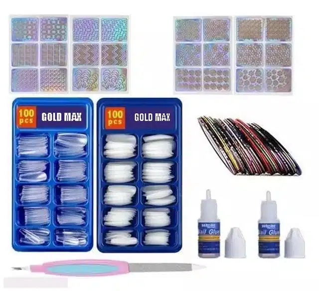 Artificial Nails (200 Pcs) with Nail Art Stickers (4 Pcs) & Glue (2 Pcs) (Transparent, Combo of 3)