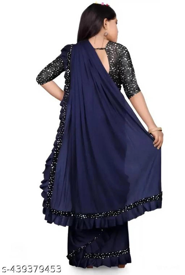 Polycotton Solid Saree with Blouse for Girls (Navy Blue, 3-4 Years)