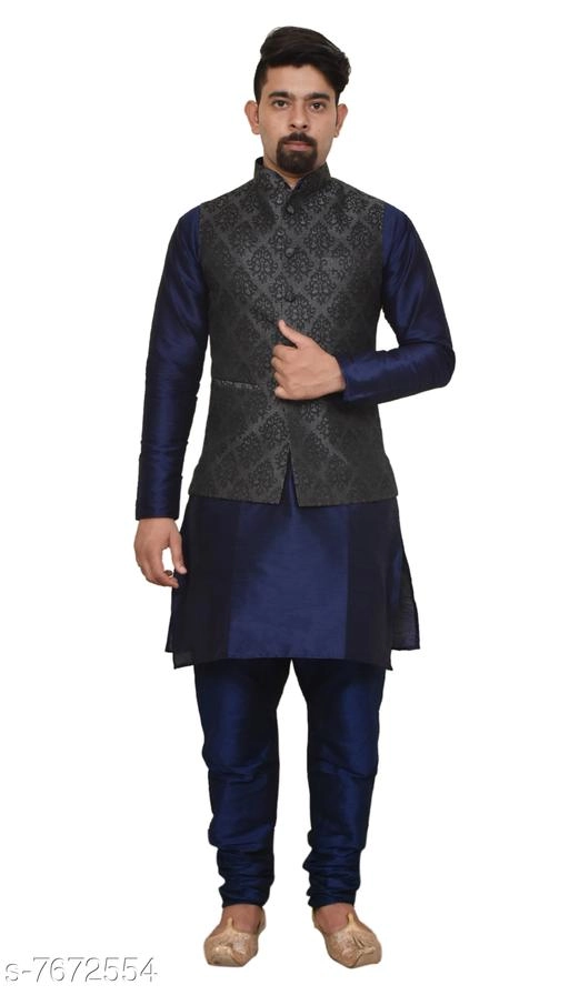 Dupion Silk Solid Kurta with Pyjama & Jacket for Men (Navy Blue & Black, S)