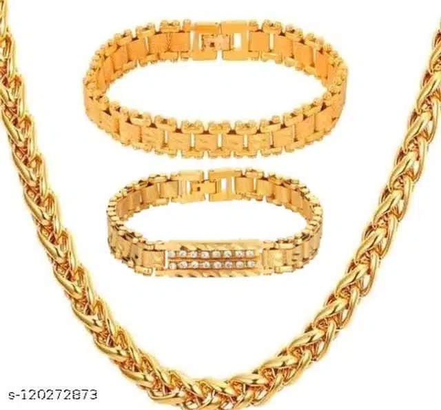 Designer Chain with 2 Pcs Bracelet for Men & Boys (Gold, Set of 2)