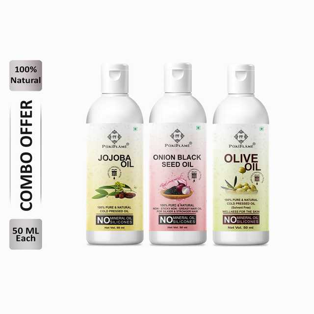 Puriflame Pure Jojoba Oil (50 ml), Onion Black Seed Oil (50 ml) & Olive Oil (50 ml) Combo for Rapid Hair Growth (Pack of 3) (B-11581)