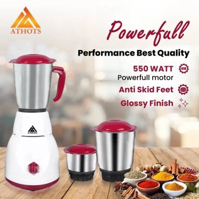 ATHOST Eco Mingle CNC Hybrid POWER FULL 555 Juicer Mixer Grinder (3 Jars, White, cheery)