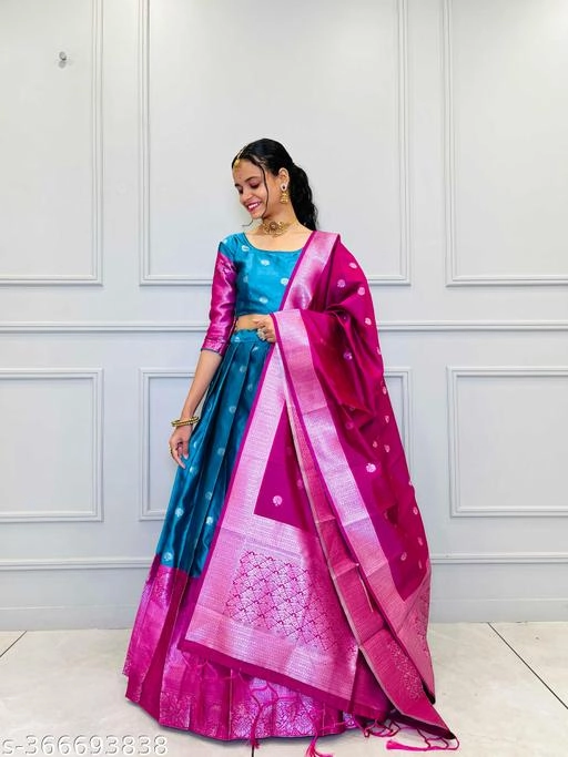 Art Silk Woven Design Semi Stitched Lehenga with Choli & Dupatta for Women (Blue & Pink)