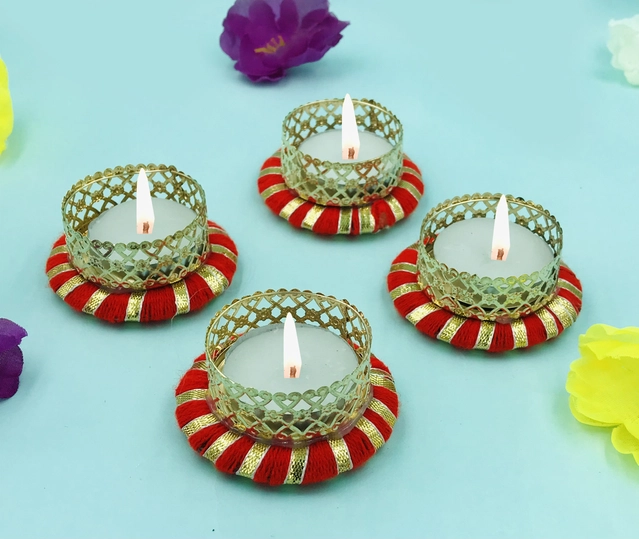 Metal Designer Tealight Candle Holder (Red, 6x6x2.4 cm) (Pack of 4)