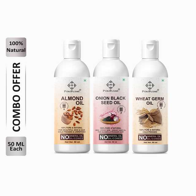 Puriflame Pure Almond Oil (50 ml), Onion Black Seed Oil (50 ml) & Wheat Germ Oil (50 ml) Combo for Rapid Hair Growth (Pack Of 3) (B-8832)