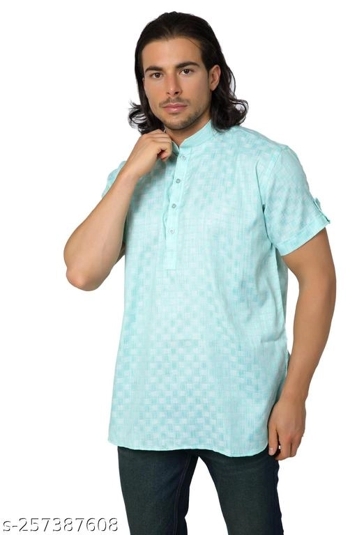 Cotton Blend Printed Short Kurta for Men (Sky Blue, S)