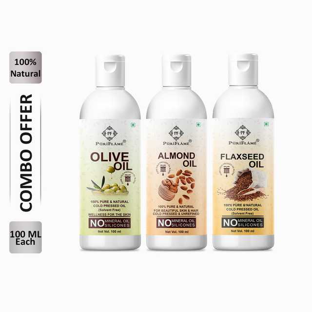 PuriFlame Pure Olive Oil (100 ml) & Almond Oil (100 ml) & Flaxseed Oil (100 ml) Combo For Rapid Hair Growth (Pack Of 3) (B-6036)