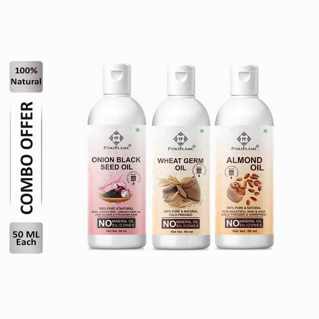 Puriflame Pure Onion Black Seed Oil (50 ml), Wheat Germ Oil (50 ml) & Almond Oil (50 ml) Combo for Rapid Hair Growth (Pack Of 3) (B-12879)