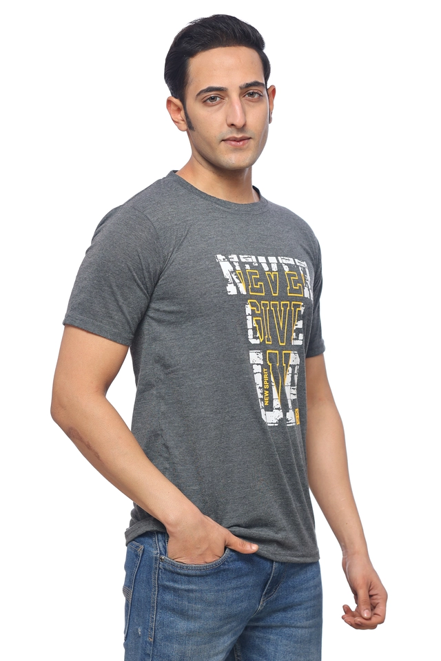 Round Neck Printed T-Shirt for Men (Grey, M)