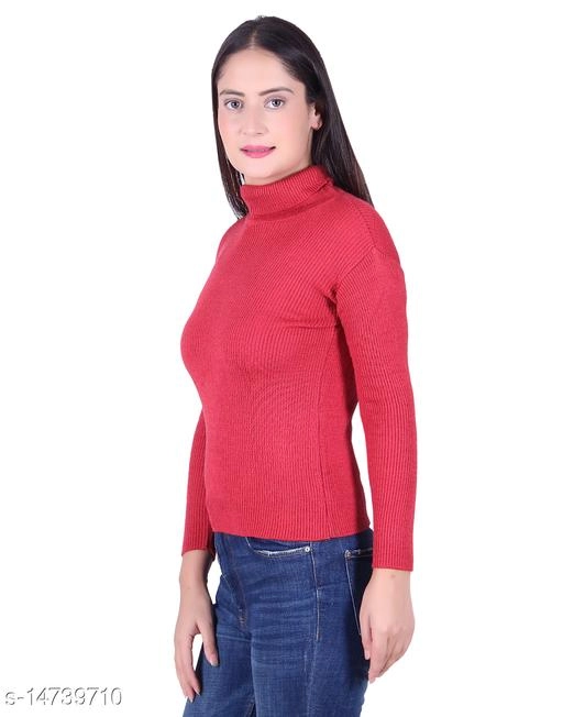 Hi-Neck Sweater for Women (Red, M)