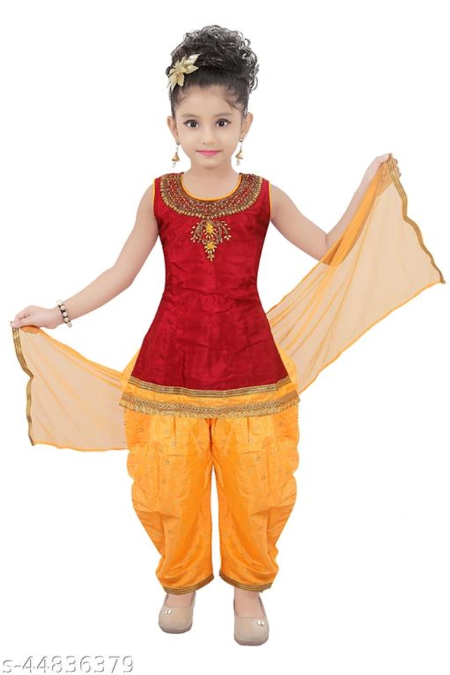 Poly Silk Kurta Sets for Girls (Red & Yellow, 12-18 Months)