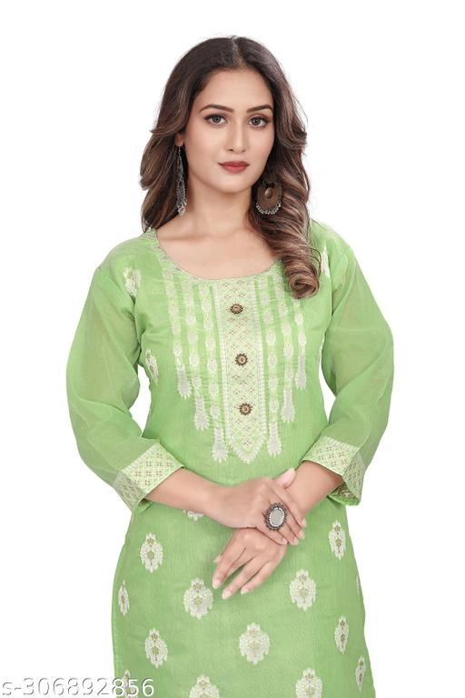 Cotton Embroidered Kurti for Women (Green, L)