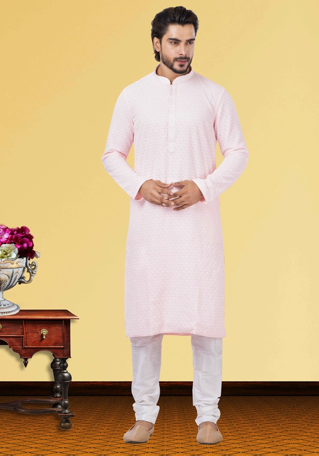 Cotton Blend Embroidered Kurta for Men (Pink, S)