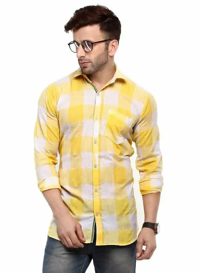 हैंगअप मेंस कैज़ुअल चैकेरड कॉटन स्लिम शर्ट (फुल स्लीव), Yellow, साइज- 42 ( LM_Shirt_SP_Casual_Check_8002_42)