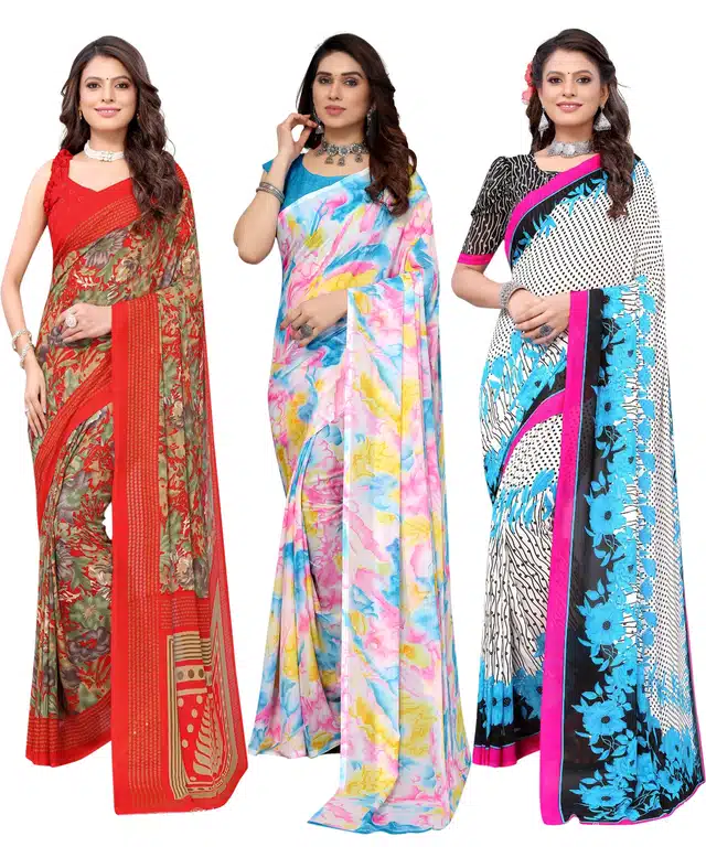 Women's Designer Floral Printed Saree with Blouse Piece (Pack of 3) (Multicolor) (SD-317)