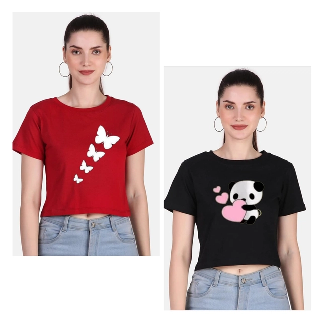 Round Neck Printed Crop T-Shirts for Women & Girls (Red & Black, S) (Pack of 2)