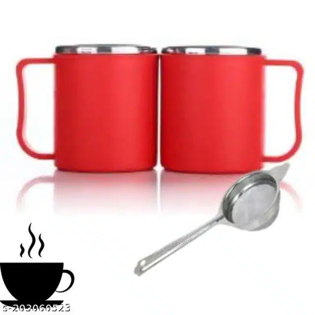 Stainless Steel Tea Strainer with 2 Pcs Coffee Mugs (Red & Silver, Set of 3)