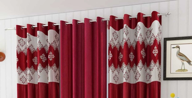 Polyester Room Darkening Printed Door Curtains (Maroon, 7 Feet) (Set of 3)