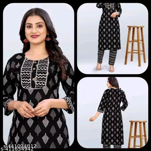 Cotton Printed Kurti with Pant for Women (Black & White, Xs)