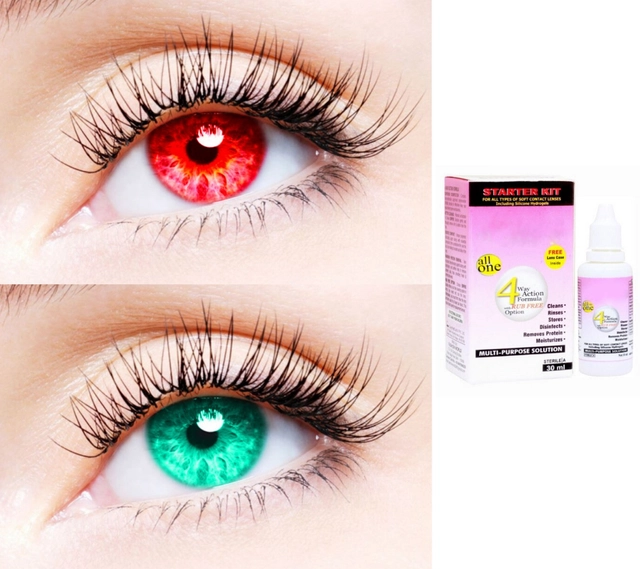 Combo of Zero Power Colored Contact Lenses for Eyes with Case (Red & Sea Blue, Set of 2)