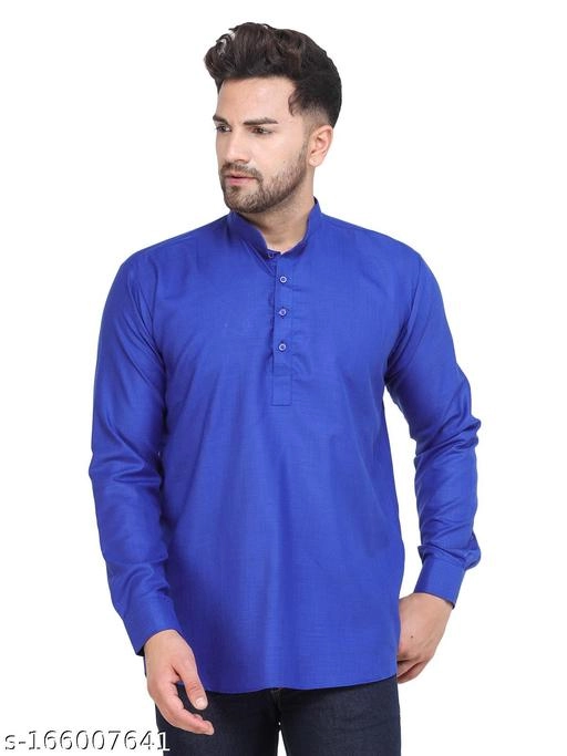 Cotton Blend Solid Short Kurta for Men (Royal Blue, S)