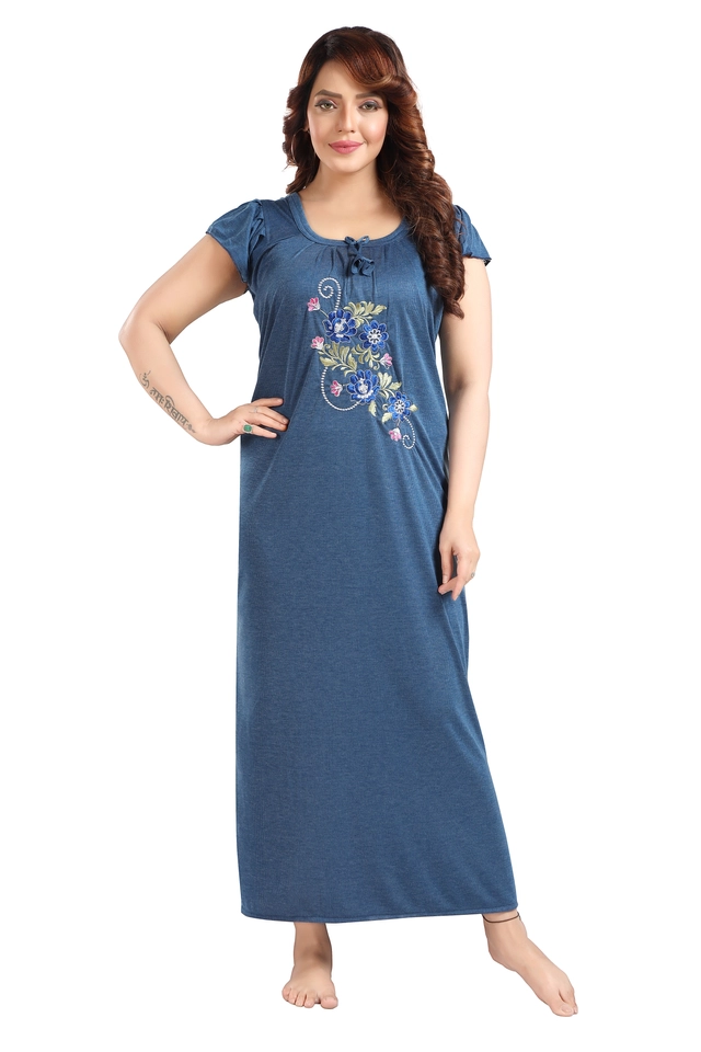 Hosiery Printed Nightdress for Women (Navy Blue, M)