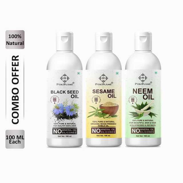 PuriFlame Pure Blackseed Oil (100 ml) & Sesame Oil (100 ml) & Neem Oil (100 ml) Combo For Rapid Hair Growth (Pack Of 3) (B-3252)