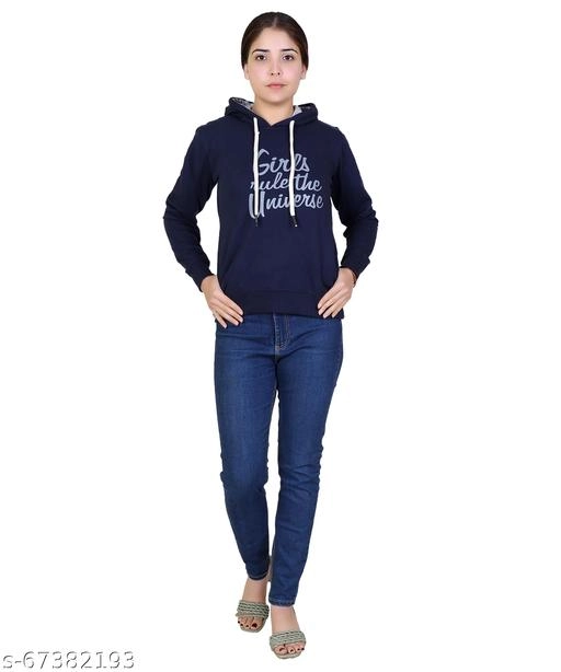 Cotton Blend Printed Hoodie for Women (Navy Blue, M)