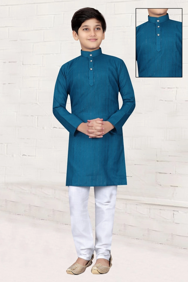 Cotton Full Sleeves Kurta with Pyjama for Boys (Blue & White, 3-5 Years)