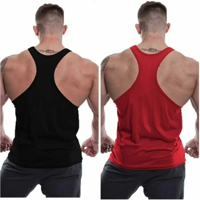 Cotton Blend Printed Gym Vest for Men (Black & Red, XL) (Pack of 2)