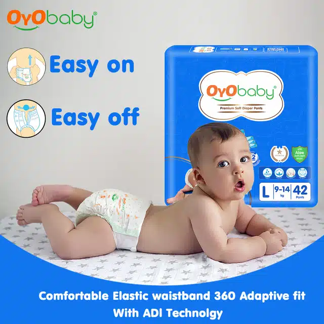 Oyo Baby Baby Diaper Pants L Size (Large) With Aloe Vera Lotion For Rash Protection, Pack Of 42 Count, With Upto 12Hr Protection For Babies Of 9 To 14Kg ( 42 Units - Pack Of 2 )