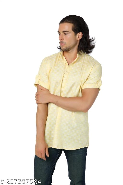 Cotton Blend Printed Short Kurta for Men (Beige, S)