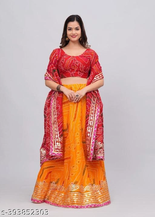 Kota Doriya Bandhani Semi Stitched Lehenga with Choli & Dupatta for Women (Red & Yellow)