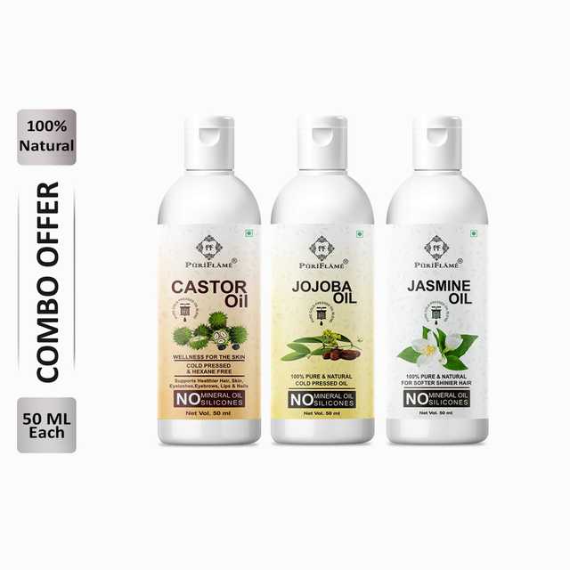 Puriflame Pure Castor Oil (50 ml), Jojoba Oil (50 ml) & Jasmine Oil (50 ml) Combo for Rapid Hair Growth (Pack of 3) (B-9979)