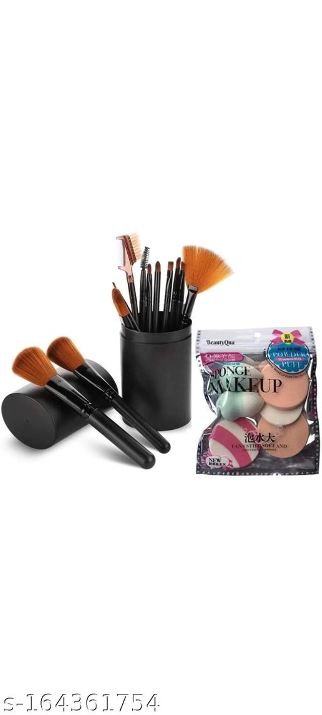 Makeup Brush (12 Pcs) with 6 Pcs Makeup Puffs (Multicolor, Set of 2)