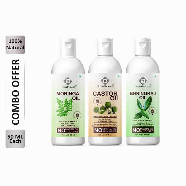 Puriflame Pure Moringa Oil (50 ml), Castor Oil (50 ml) & Bhringraj Oil (50 ml) Combo for Rapid Hair Growth (Pack of 3) (B-11742)