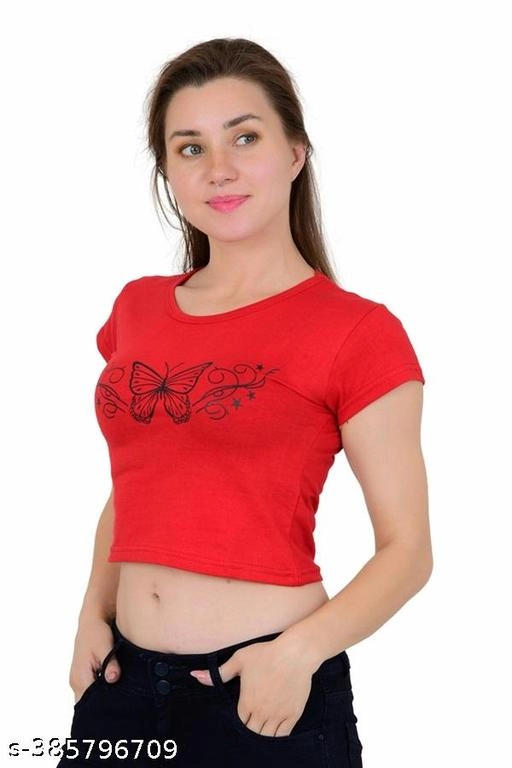 Cotton Printed Top for Women (Red, S)