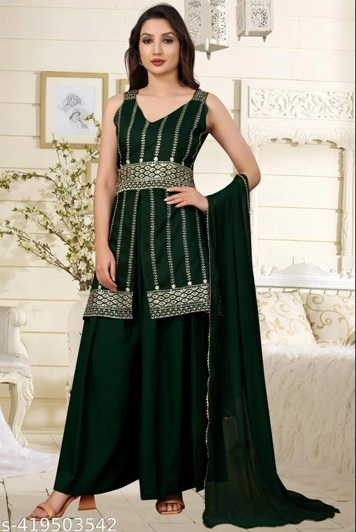 Rayon Embroidered Kurti with Sharara & Dupatta for Women (Green, S)