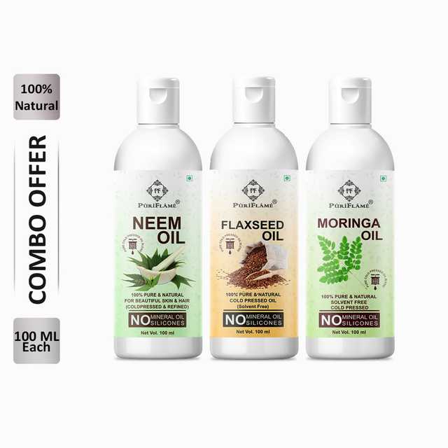 PuriFlame Pure Neem Oil (100 ml) & Flaxseed Oil (100 ml) & Moringa Oil (100 ml) Combo For Rapid Hair Growth (Pack Of 3) (B-5824)